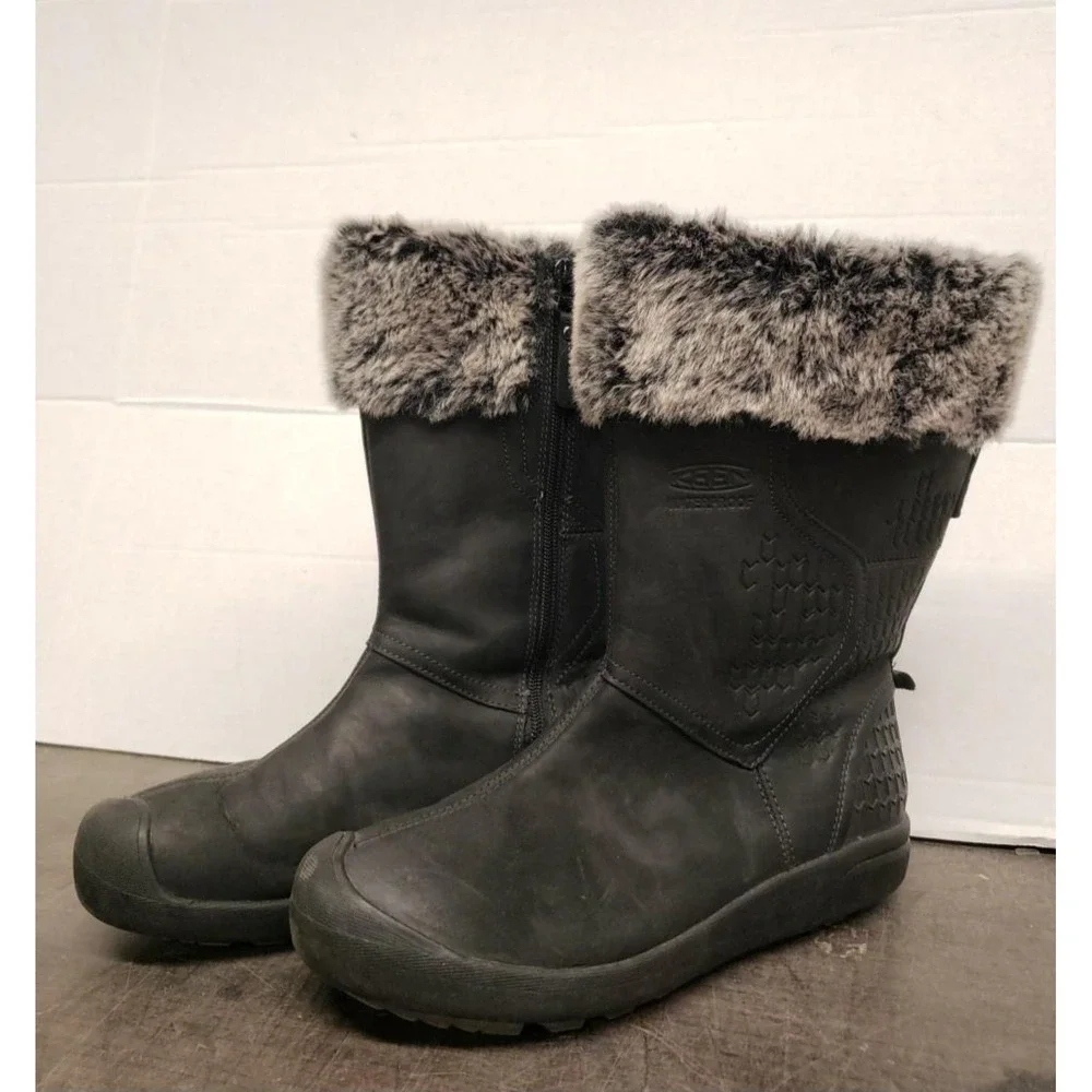 KEEN Winter Boots Faux Fur Insulated Black Leather‎ Waterproof Women's Size 10
